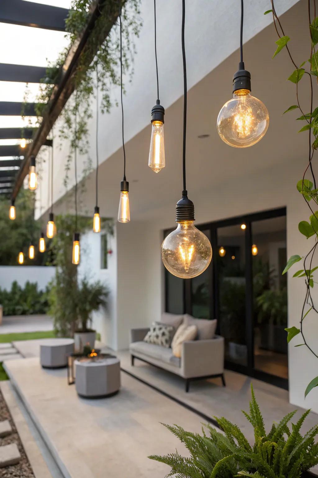 Contemporary suspended bulbs infuse a chic element.