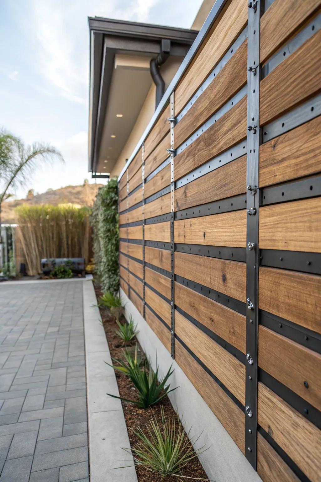 An industrial-style patio background featuring timber and metal elements.