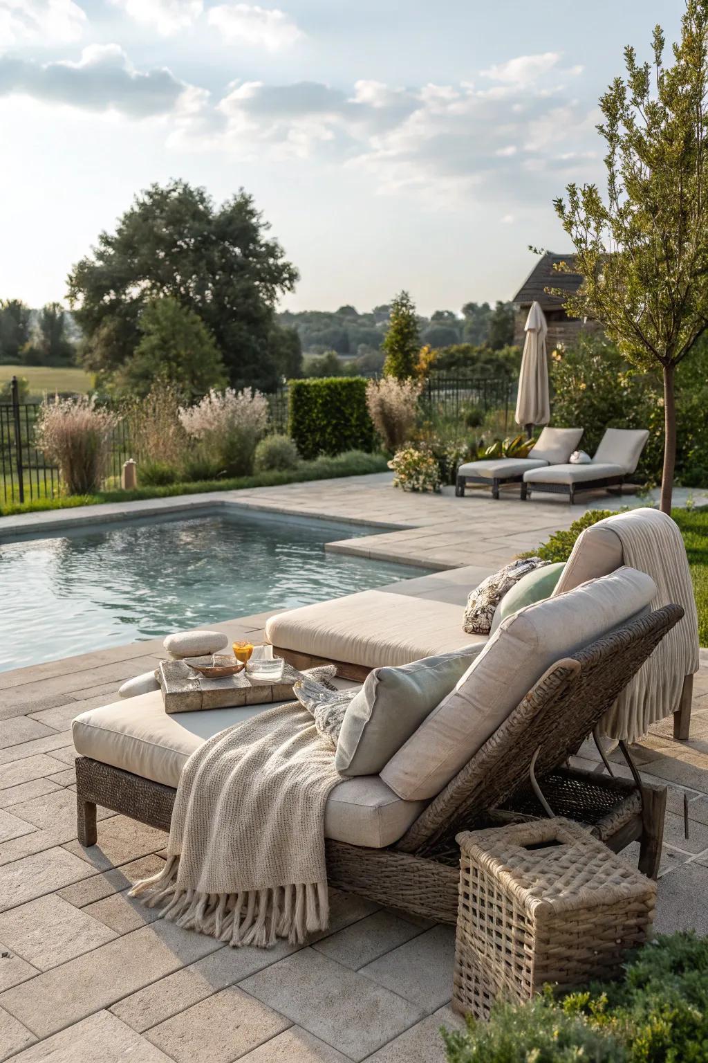 An inviting seating area encourages relaxation and socializing by the pool.