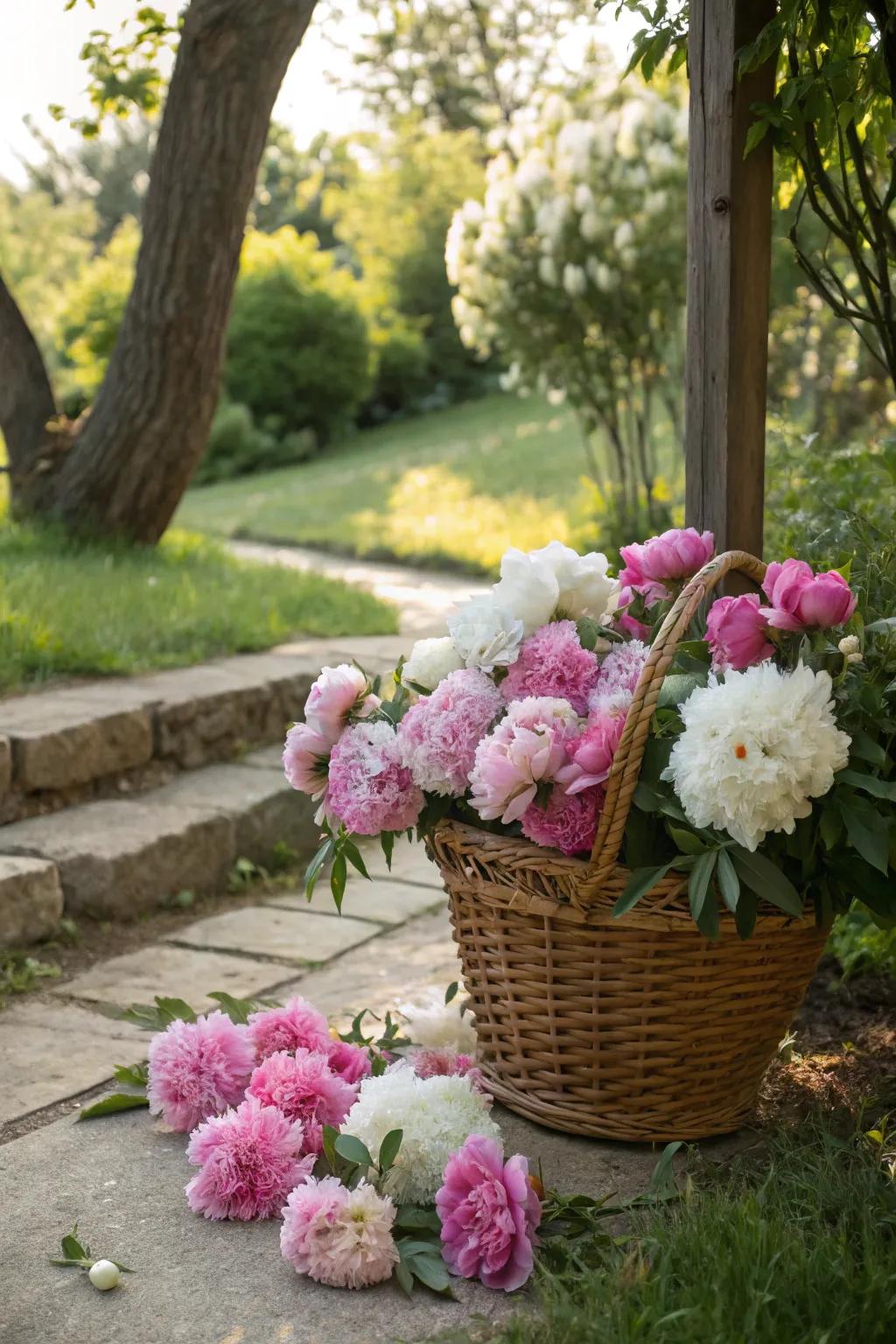 Customized details such as peony baskets adding charm to the garden.