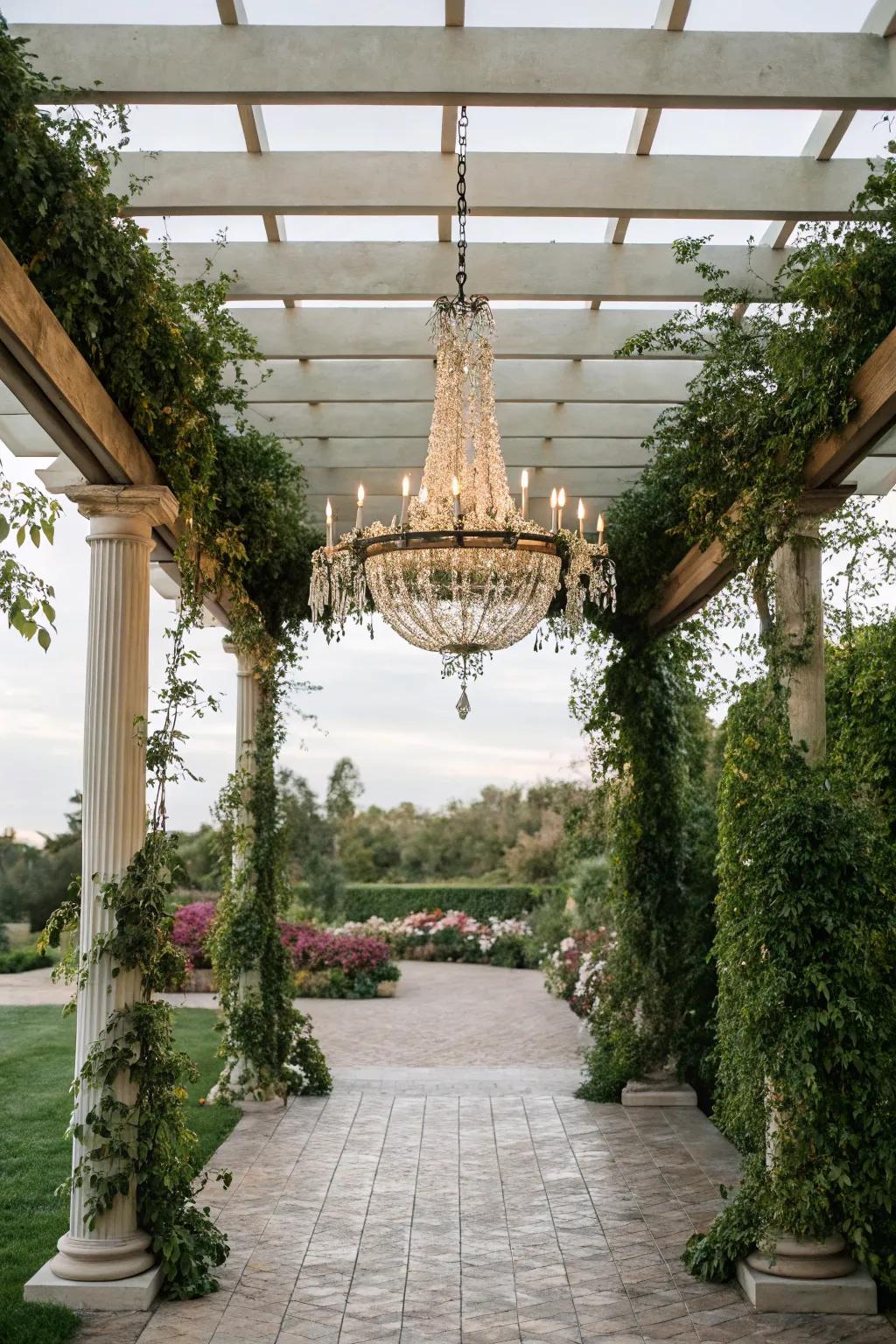 A lighting fixture adds elegance and flair to the pergola.