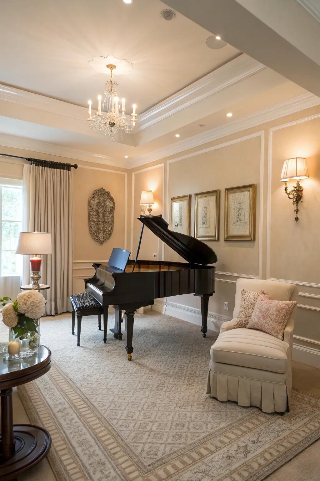 A subtle spectrum encourages a calm and inviting mood in the piano room.