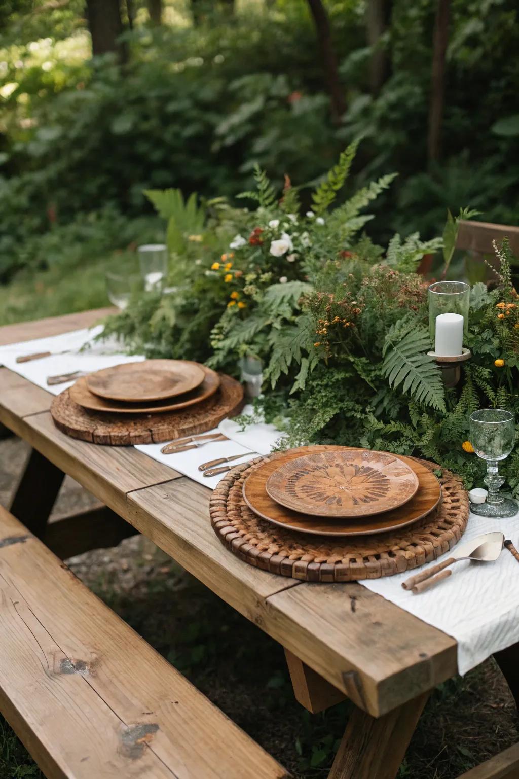 Organic components and verdure enrich the picnic table with a touch of rustic allure.