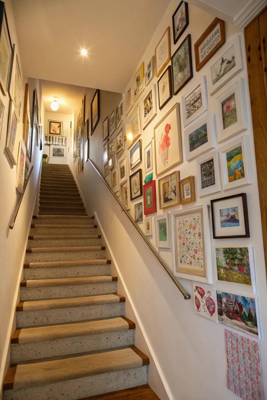 Picture wall creatively arranged along a stairway.