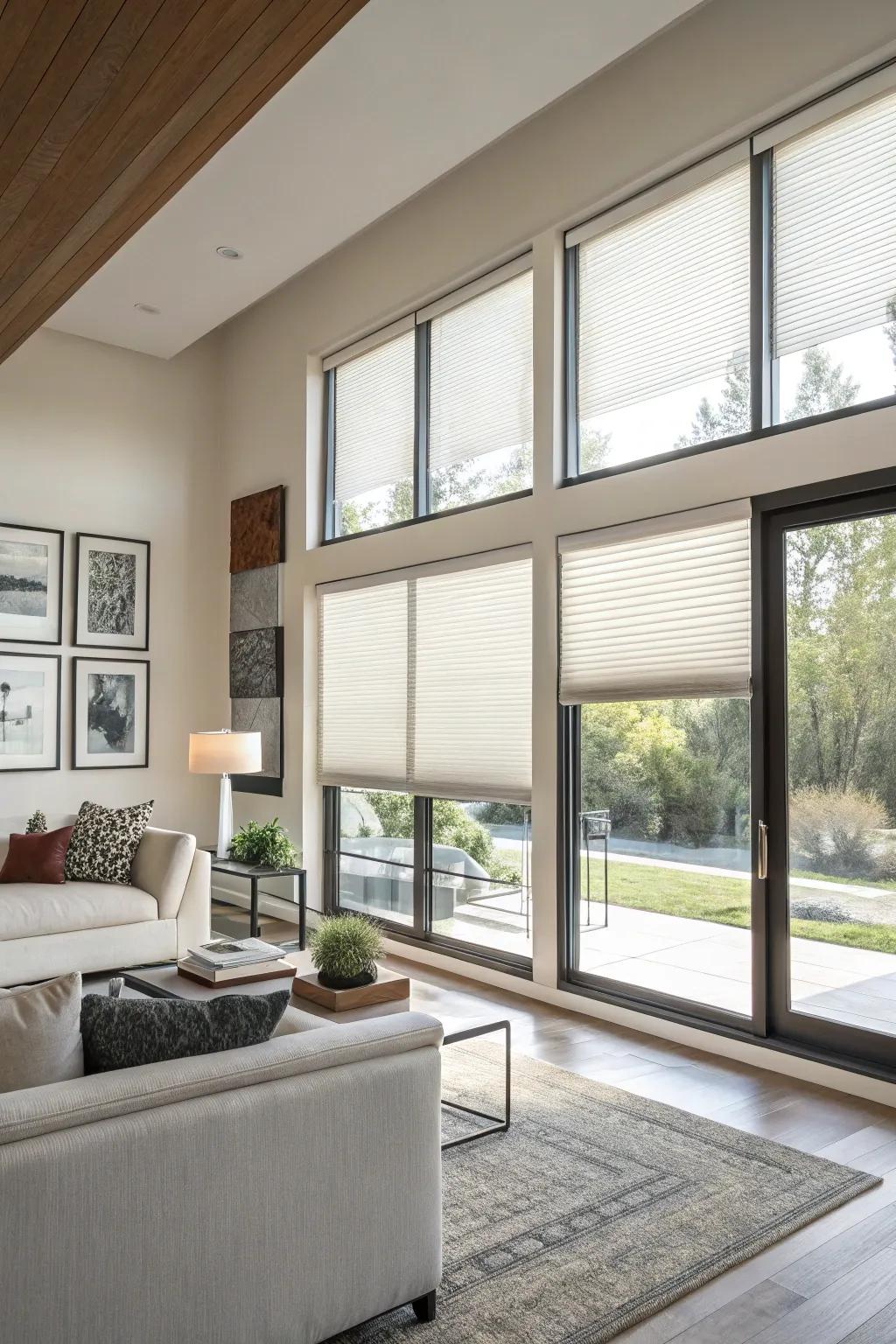 Contemporary living area showcasing energy-efficient honeycomb shades on a bay window.