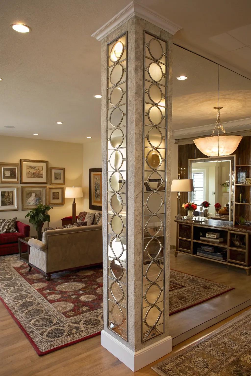 Mirrors on columns amplify light and space in any area.
