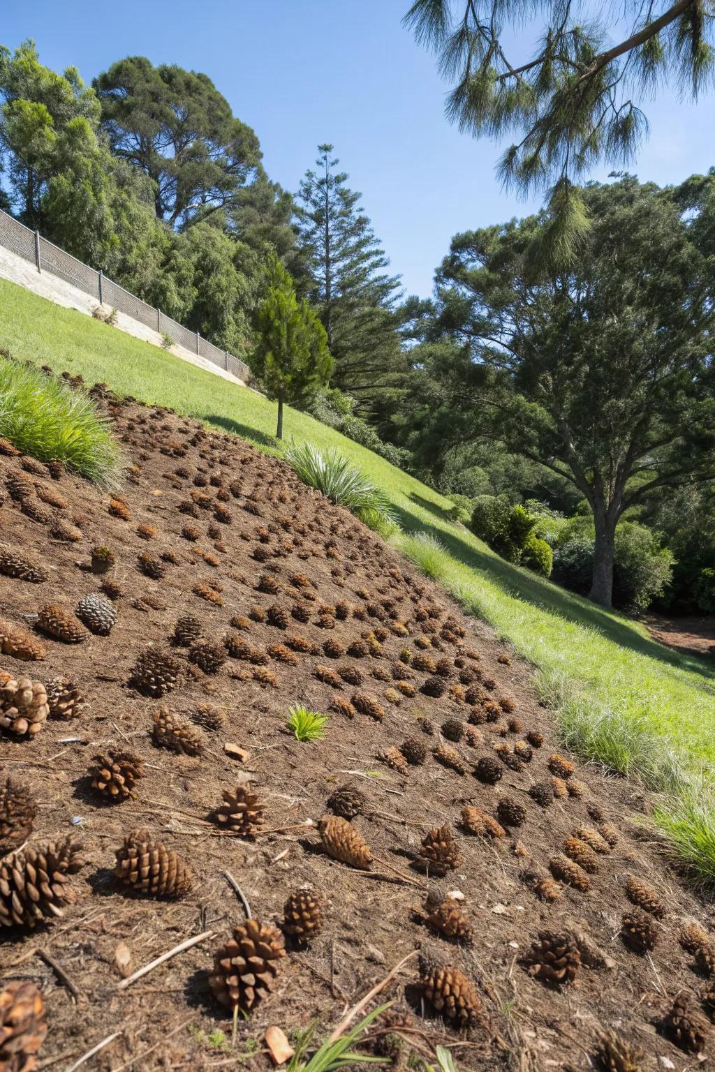 Pinecones are effective in managing soil erosion on sloped areas.