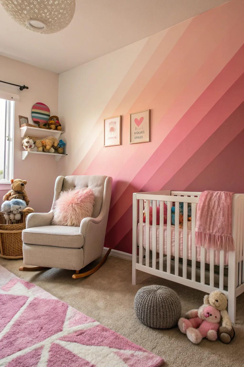 A nursery with a pink ombre wall that showcases artistry.