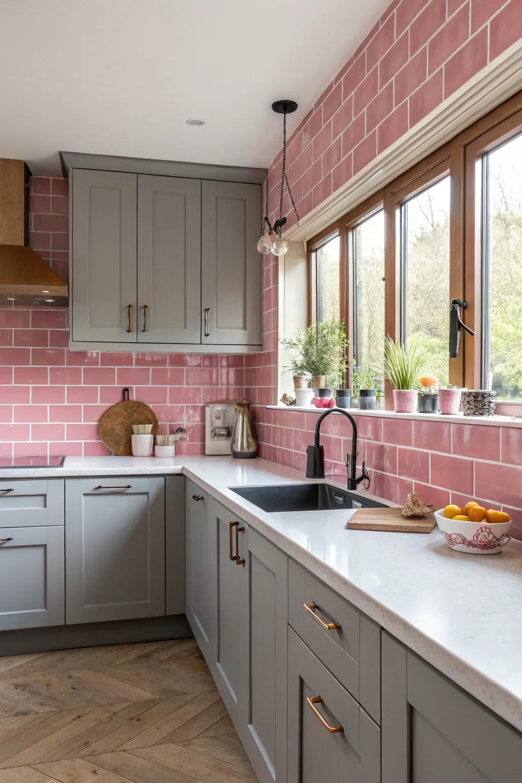 A vibrant rose tiled splash zone adds flair to a grey kitchen.