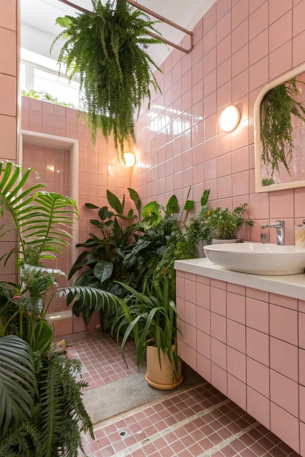 A rejuvenating bathroom featuring rose-tinted tiling and lively botanical features.