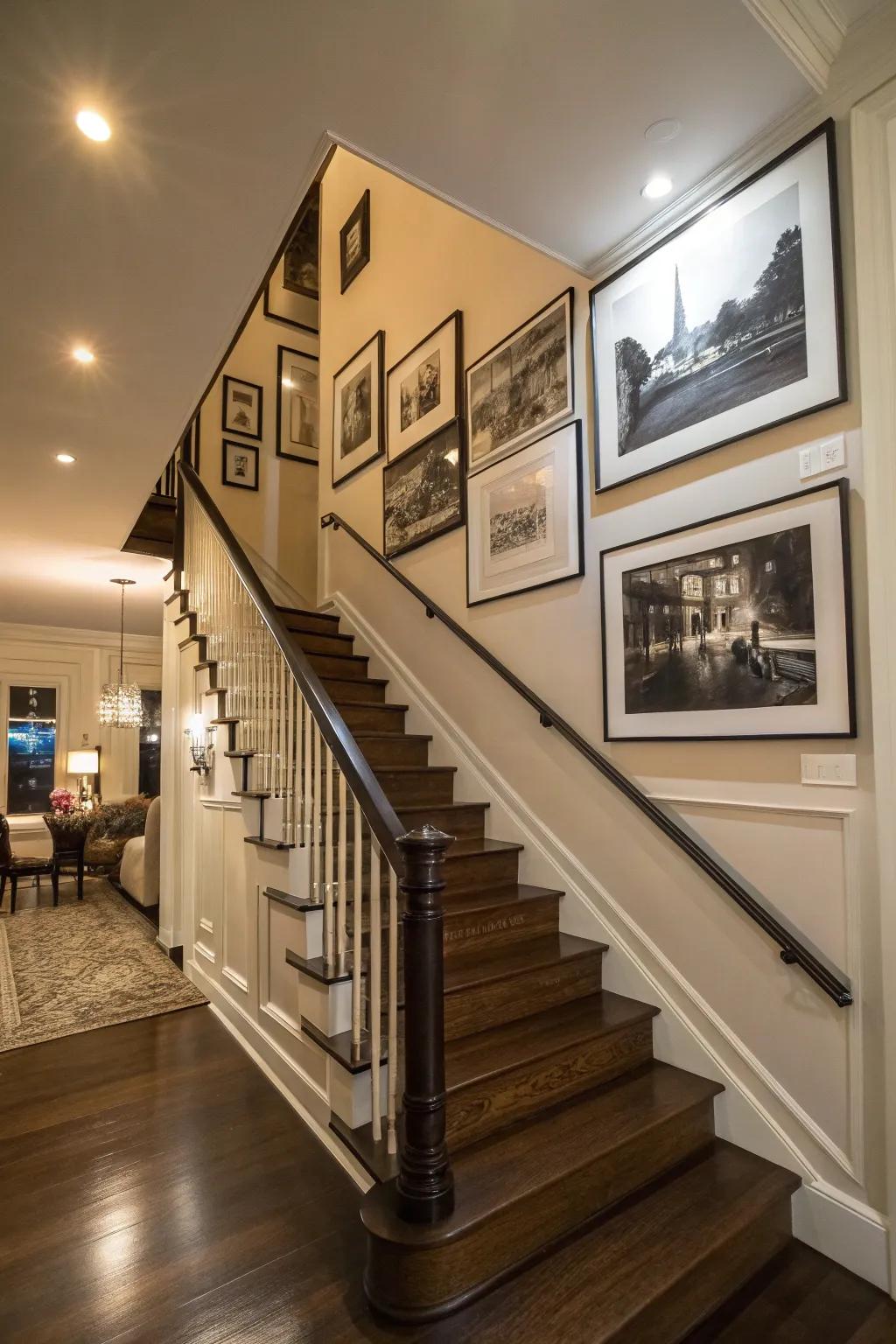 A monochrome photo print adding refinement to a stairway wall.