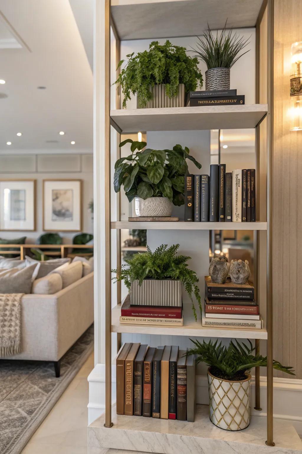 A functional and decorative plant display shelf adds flair to the space.