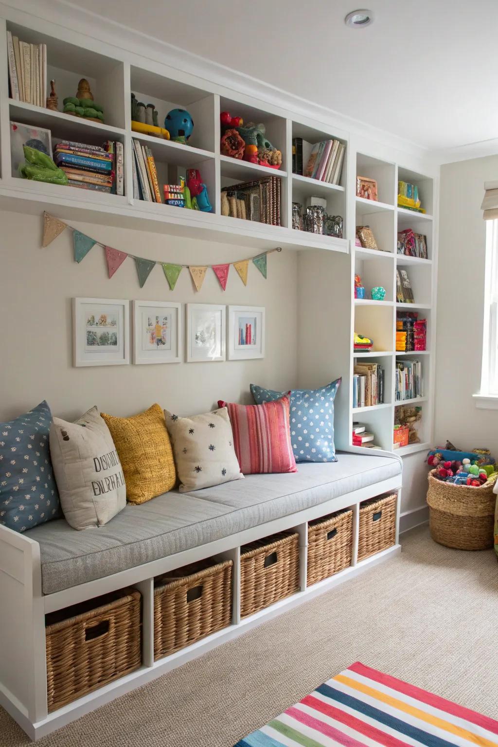 A practical playroom featuring a storage-integrated sofa.