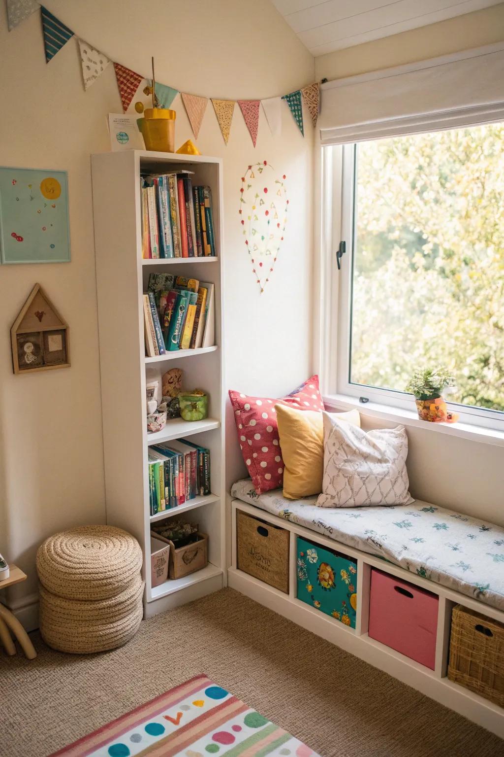 A cozy reading corner with a small bookshelf and cushions, perfect for story time.