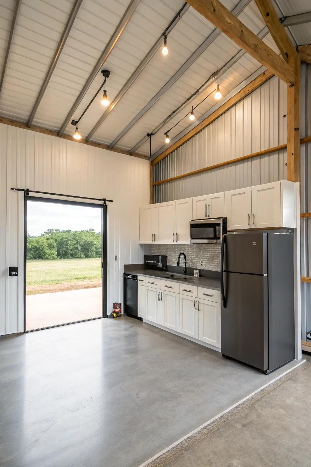 A modern refreshment station in a pole barn with sleek and minimalist design.