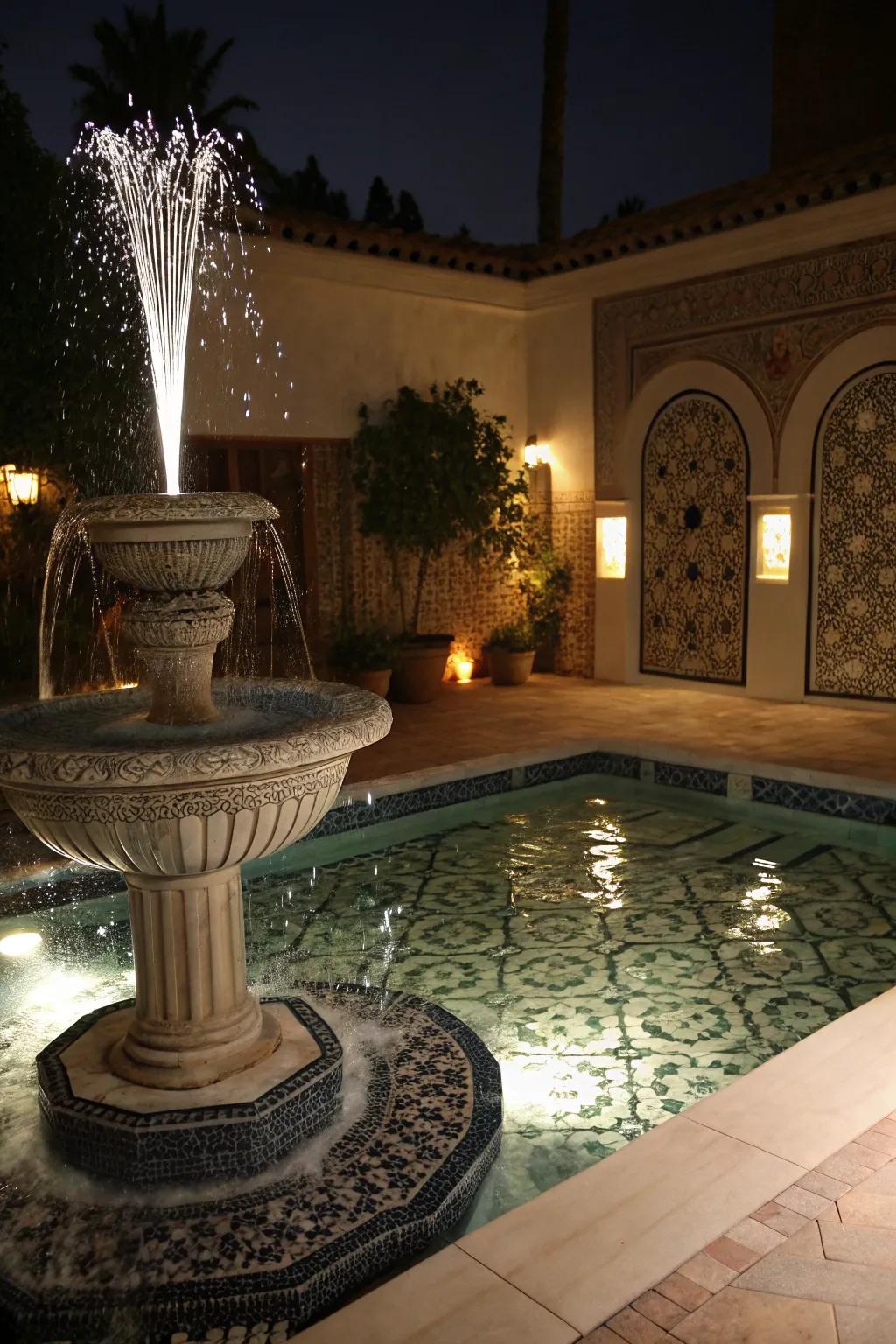 Spotlighting transforms a water feature into a stunning nighttime attraction.
