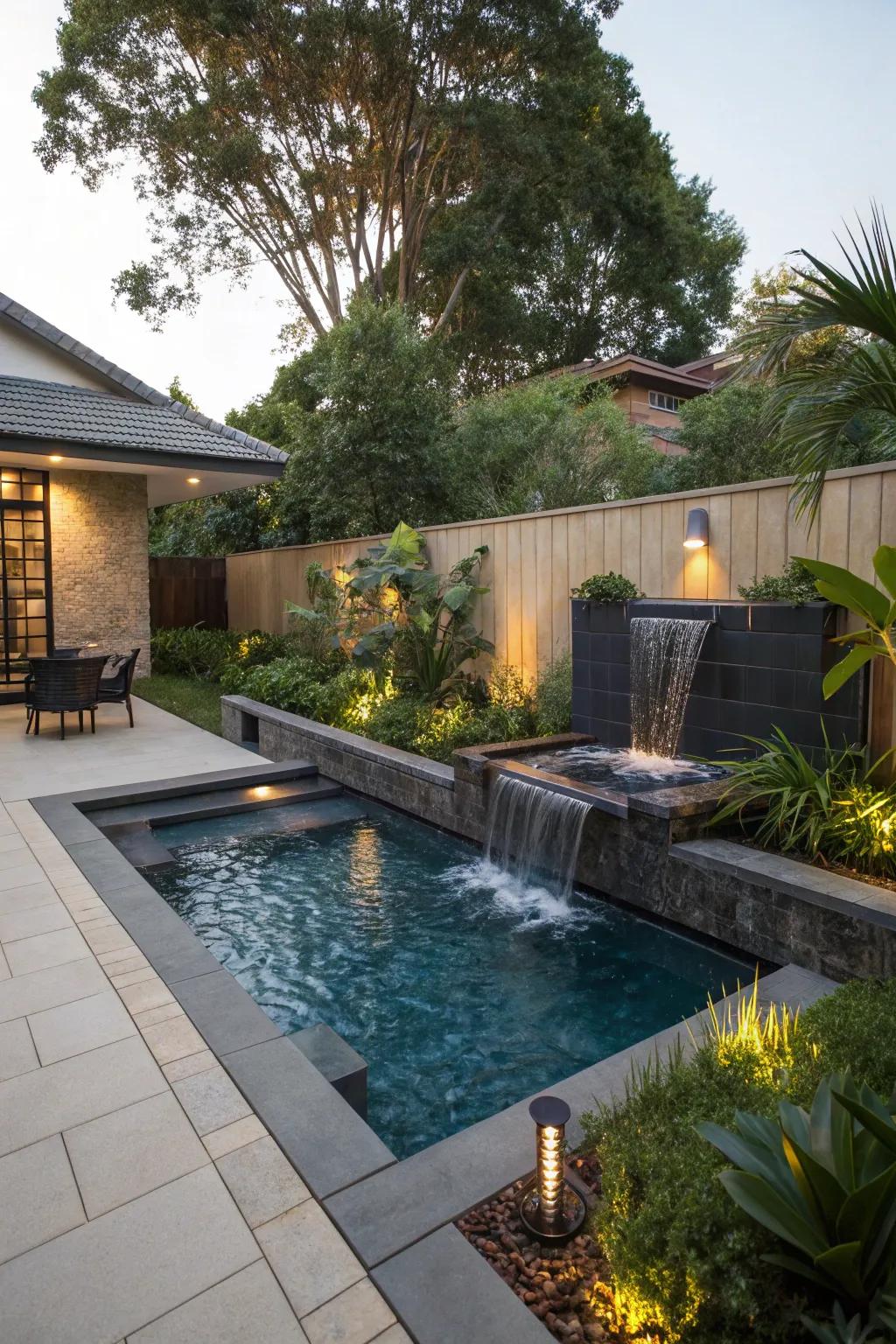Water installations add a soothing and dynamic element to the pool area.