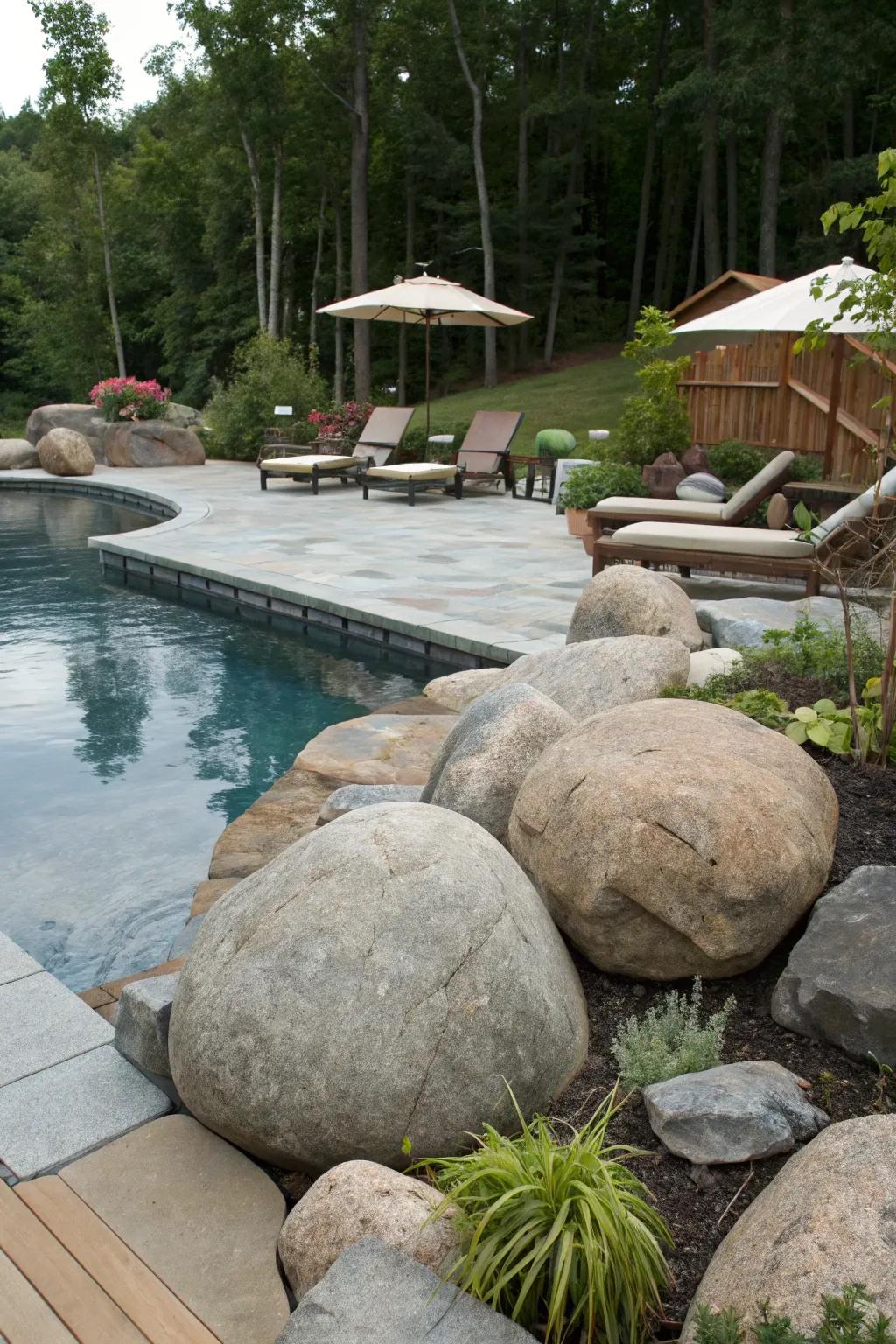 Large rocks contribute a dramatic and organic aspect to pool surroundings.