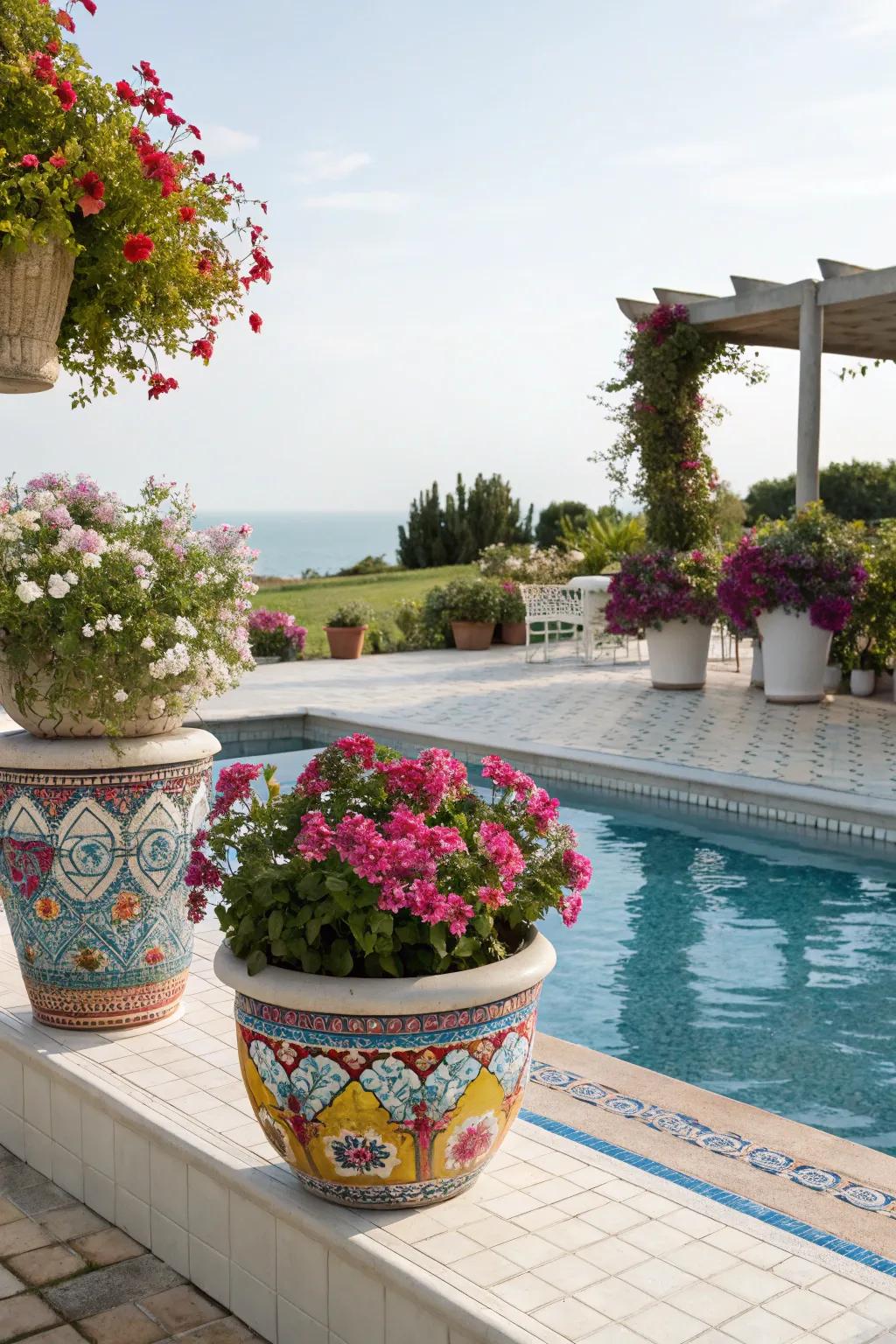 Enrich the atmosphere of your pool deck with decorative flora and flowers.
