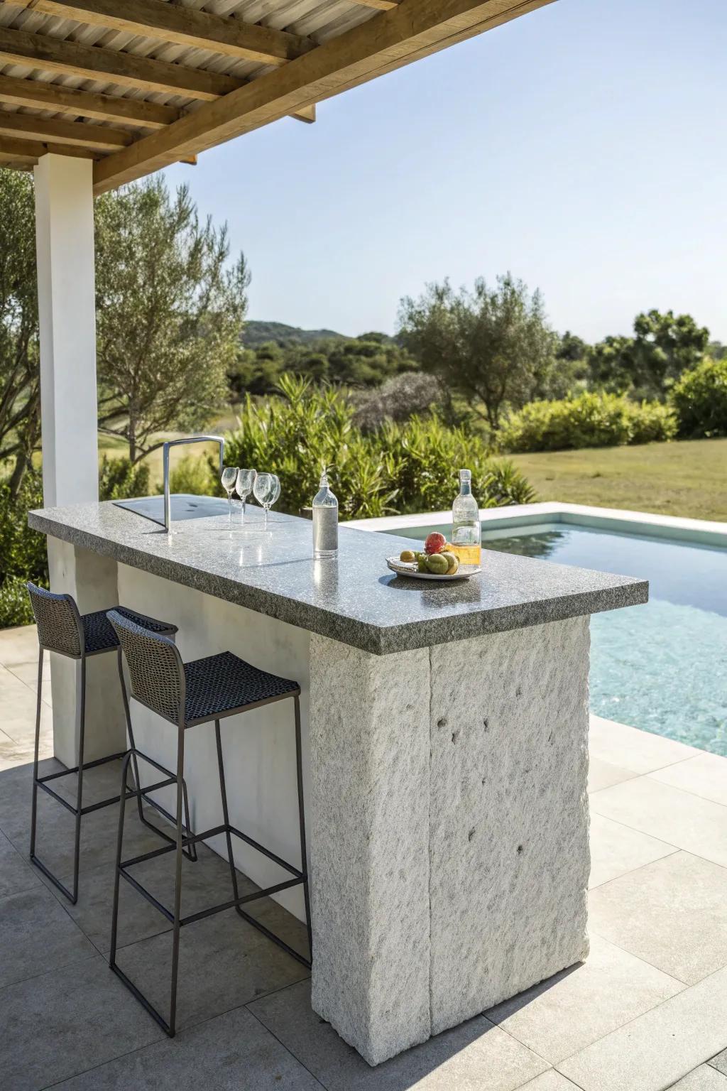 A stone bar introduces a hint of class to your poolside.