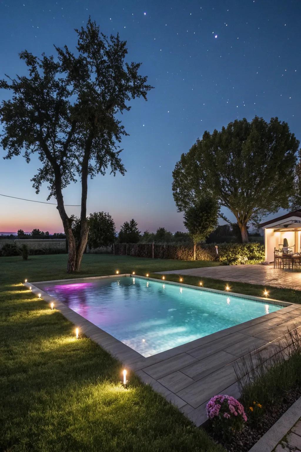 A beautifully illuminated pool creating a magical nighttime ambiance.