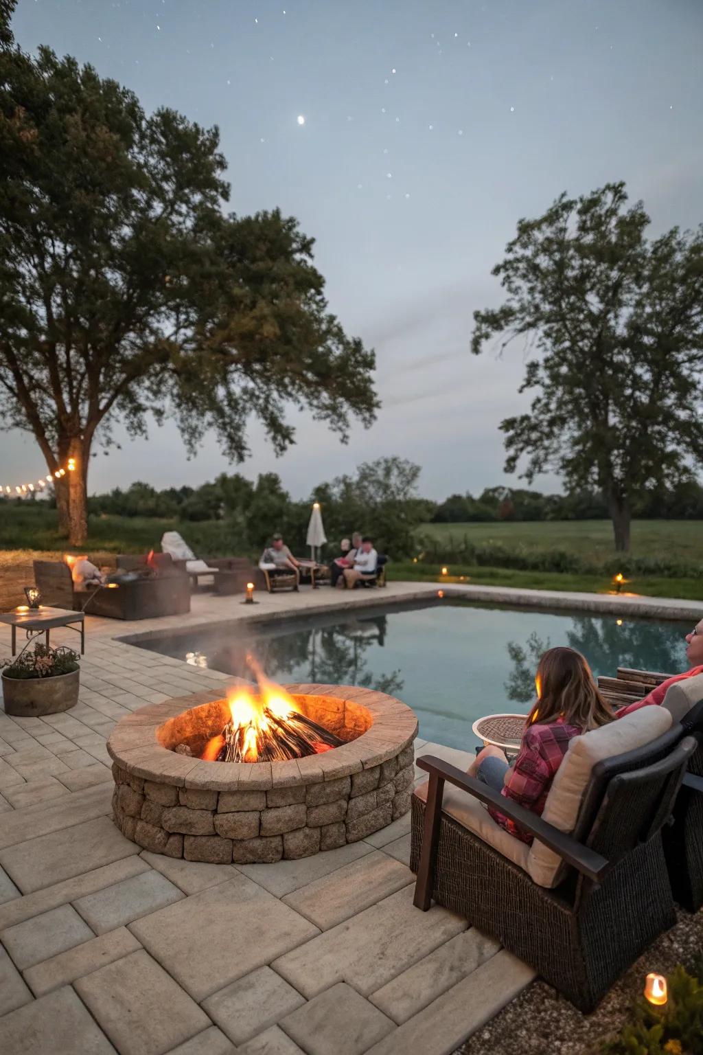 An open-air flame by the pool establishes a welcoming gathering spot year-round.