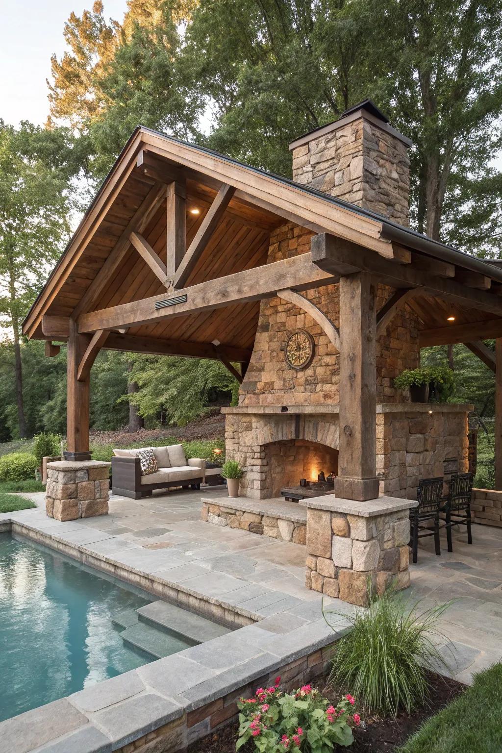 Rustic stone and wood pavilions create a cozy, mountain retreat atmosphere.