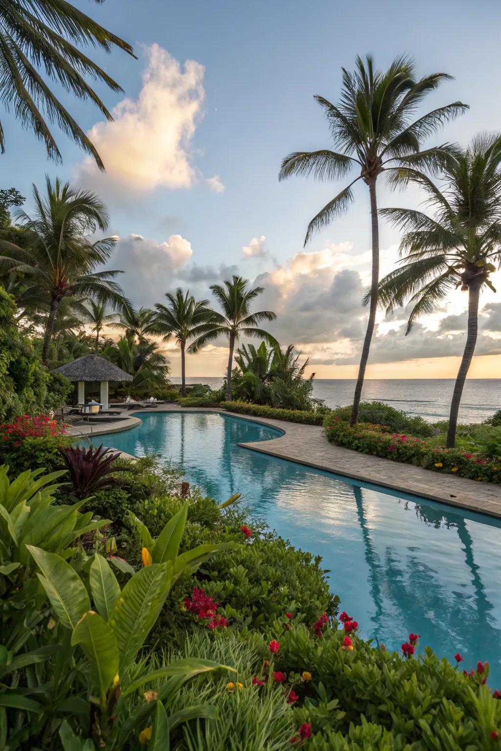 Abundant landscaping creates a serene and private poolside retreat.