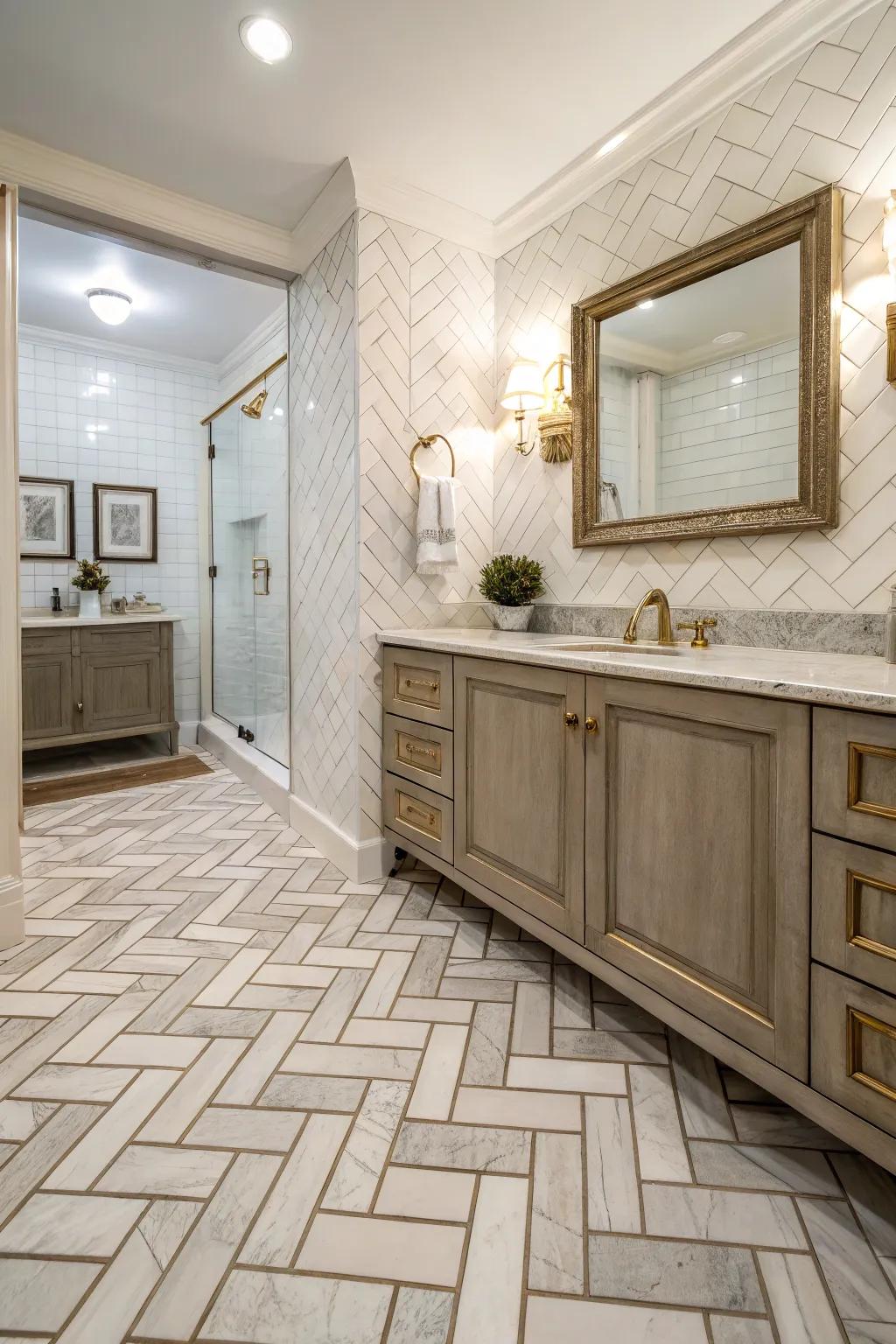 Herringbone patterned tiles bestow refinement and panache upon this chic bathroom.