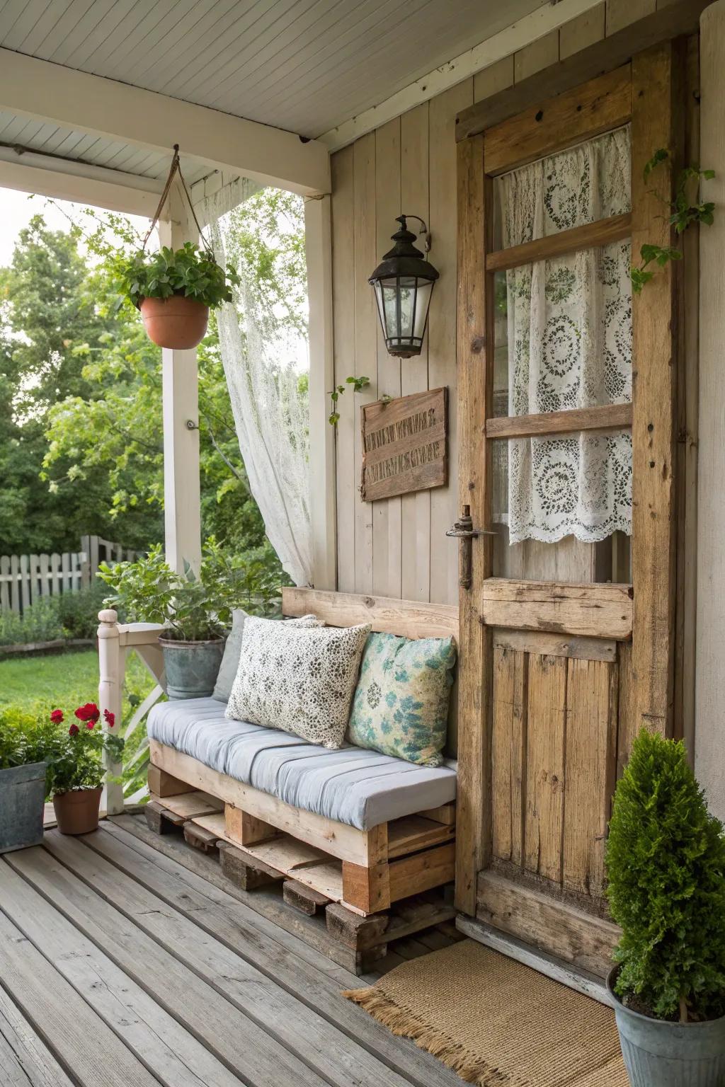 A timber pallet bench contributes countryside allure to a porch.