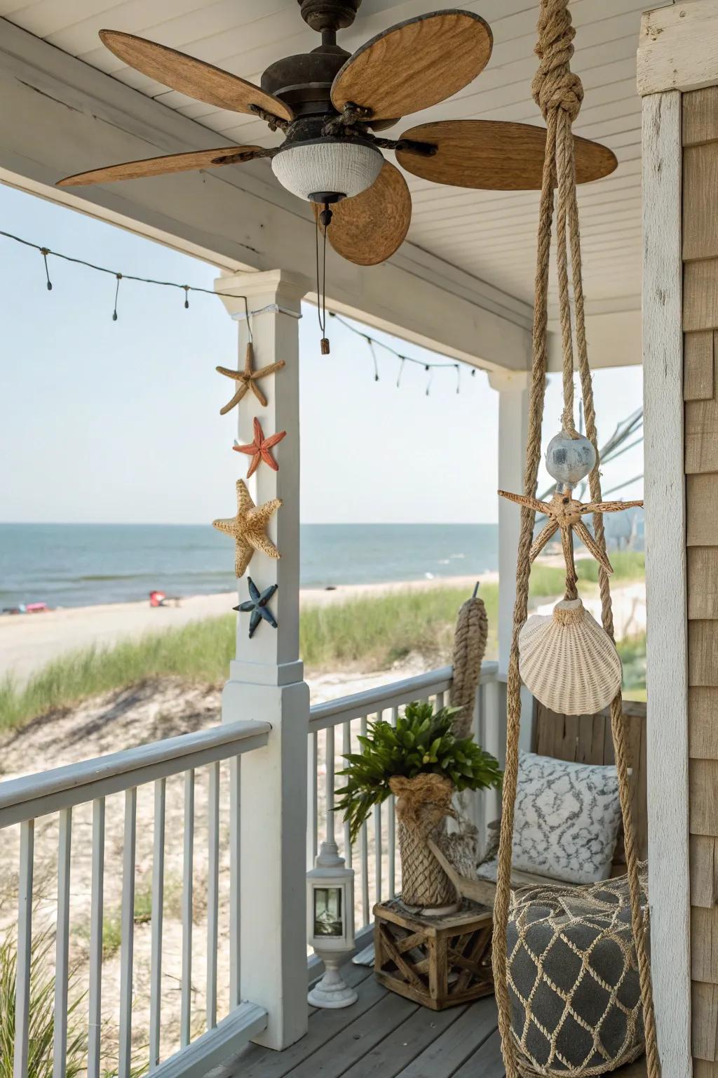 A nautical-themed fan infuses seaside charm into this beach-inspired porch.