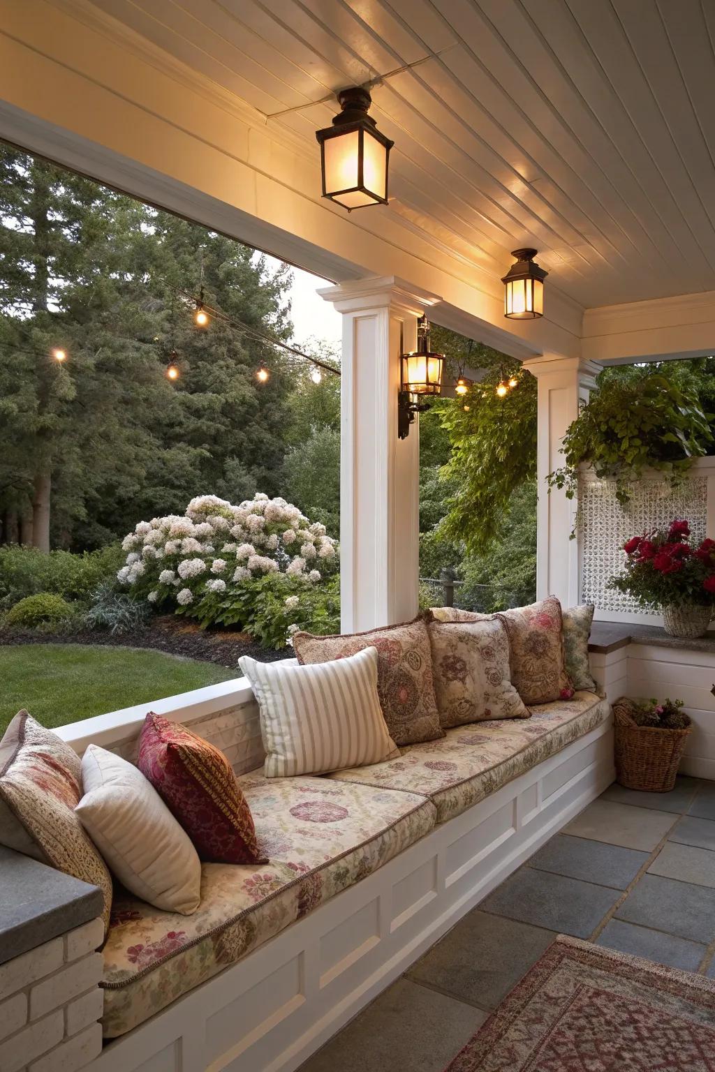 Fitted bench seating on a porch knee wall for supreme relaxation.