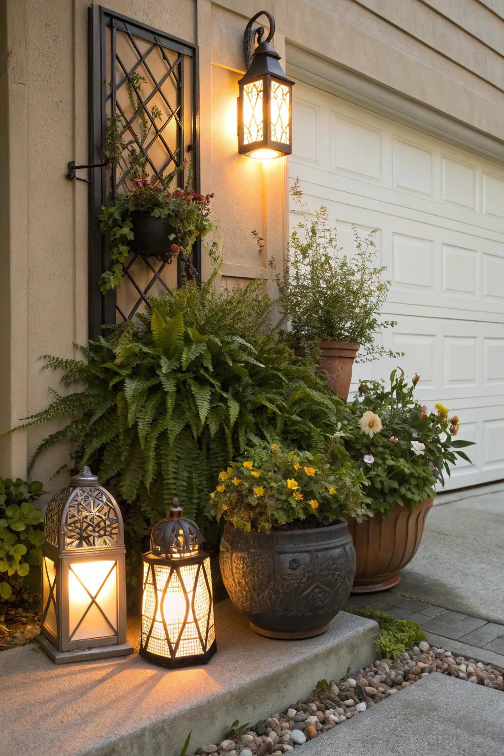 Lamps contributing an enchanting radiance to the plant layout.