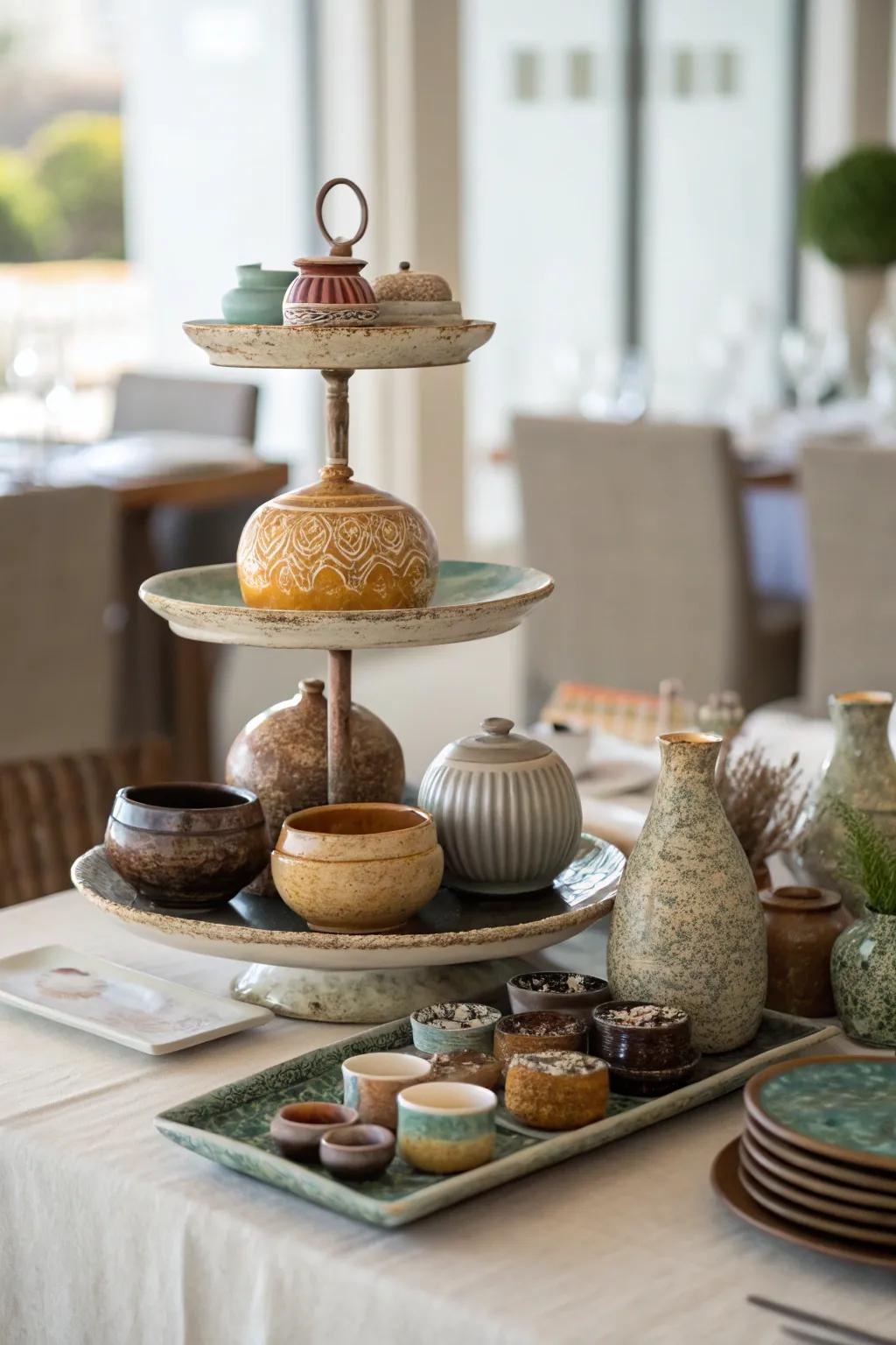 A layered pottery display on a dining surface.