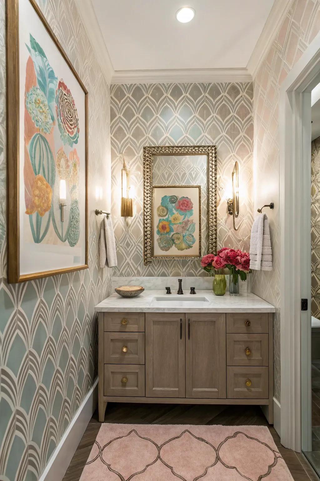 Artistic wall covering designs can evoke a gallery-like atmosphere.
