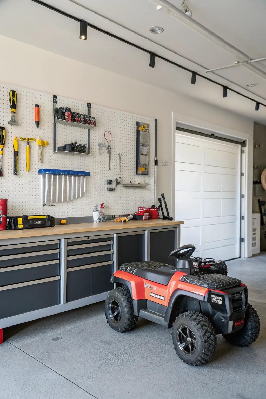 Motorized toy vehicles stored under a workbench for efficient space utilization.