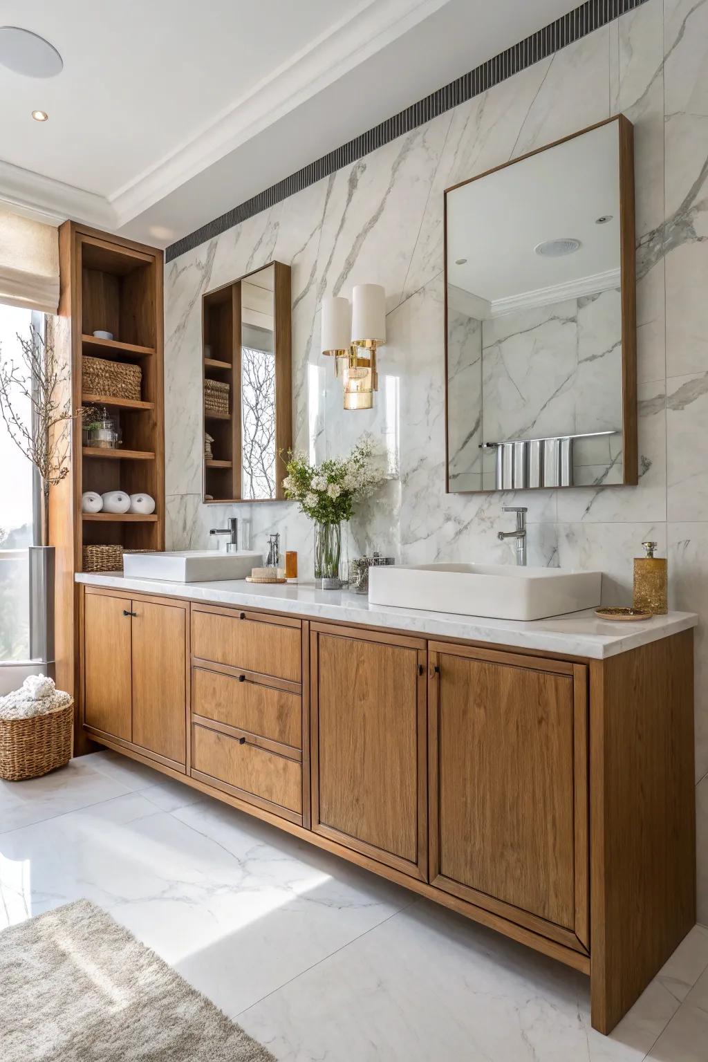 Wooden features impart warmth and texture to your bathroom.