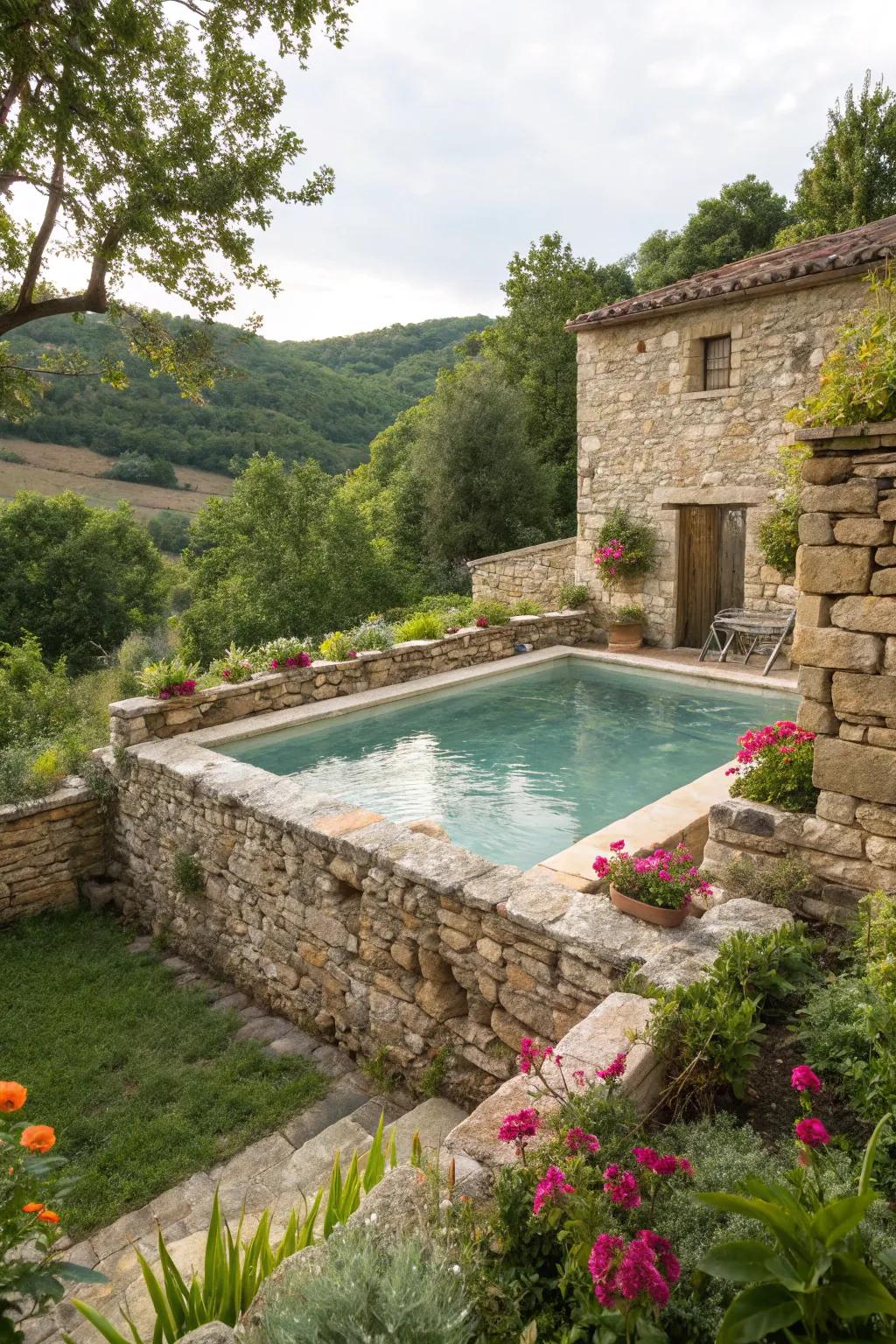 Rough-Hewn stone walls introduce durability and elegance to pool privacy.