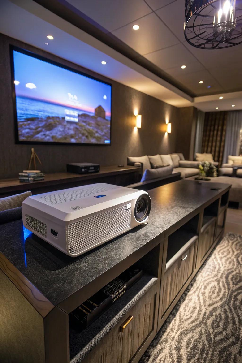 Eye-level projector placement ensures comfortable viewing.