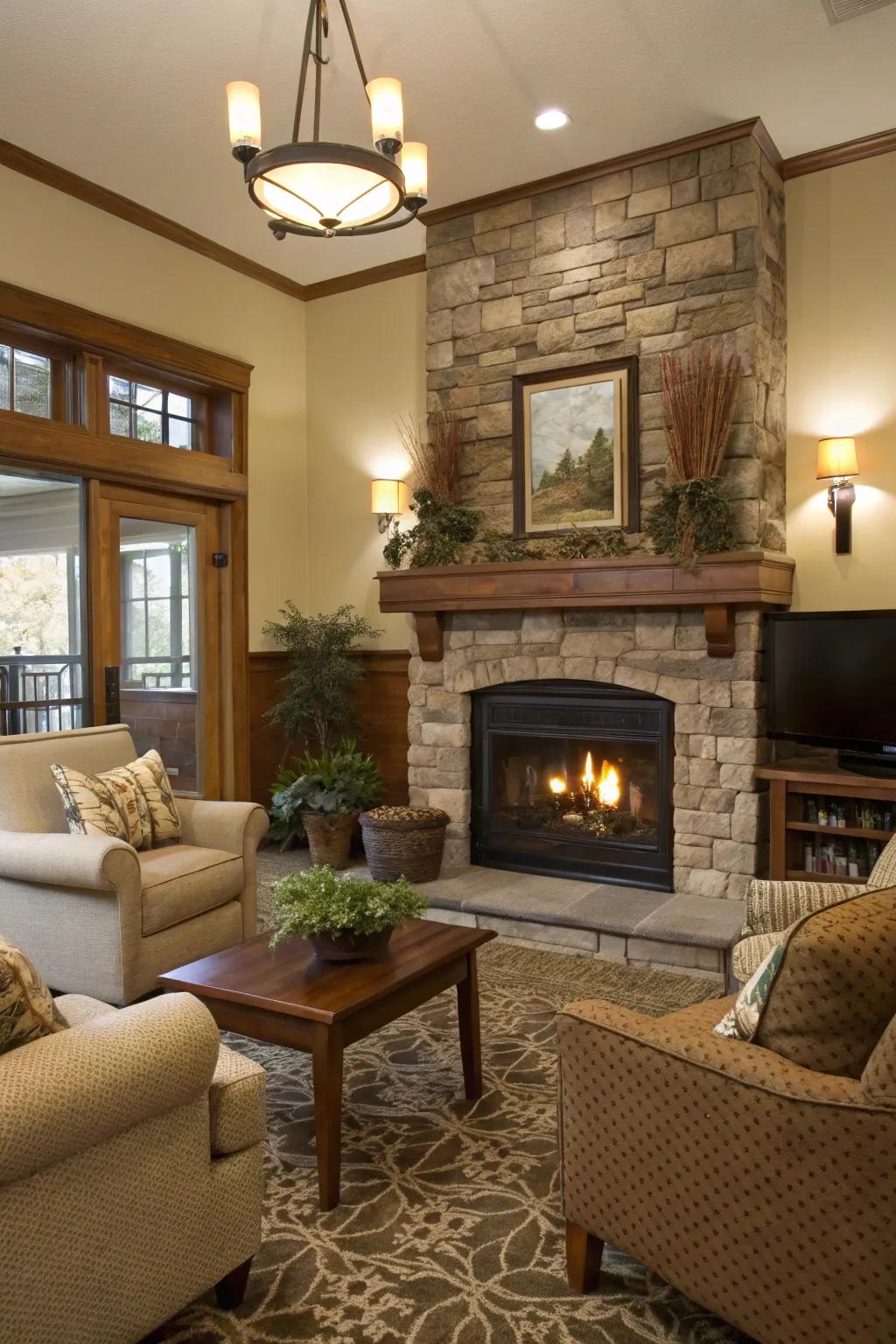 An inviting living space showcasing a snug social nook surrounding a propane fireplace.