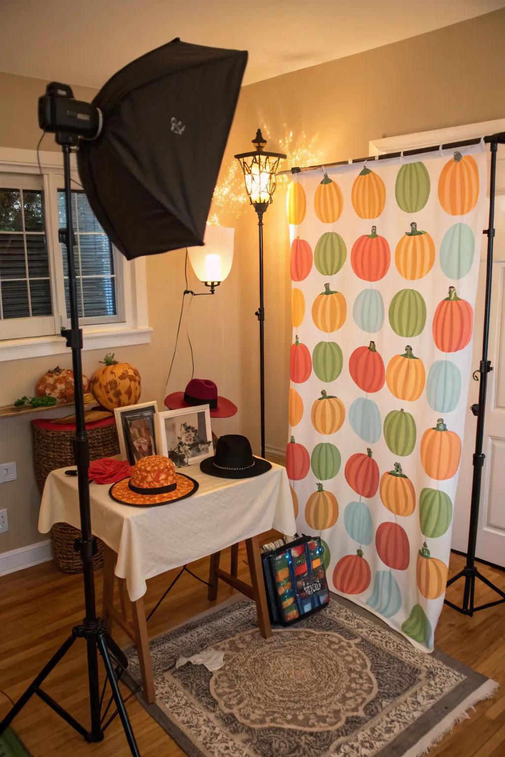Capture moments using a pumpkin-themed photobooth.