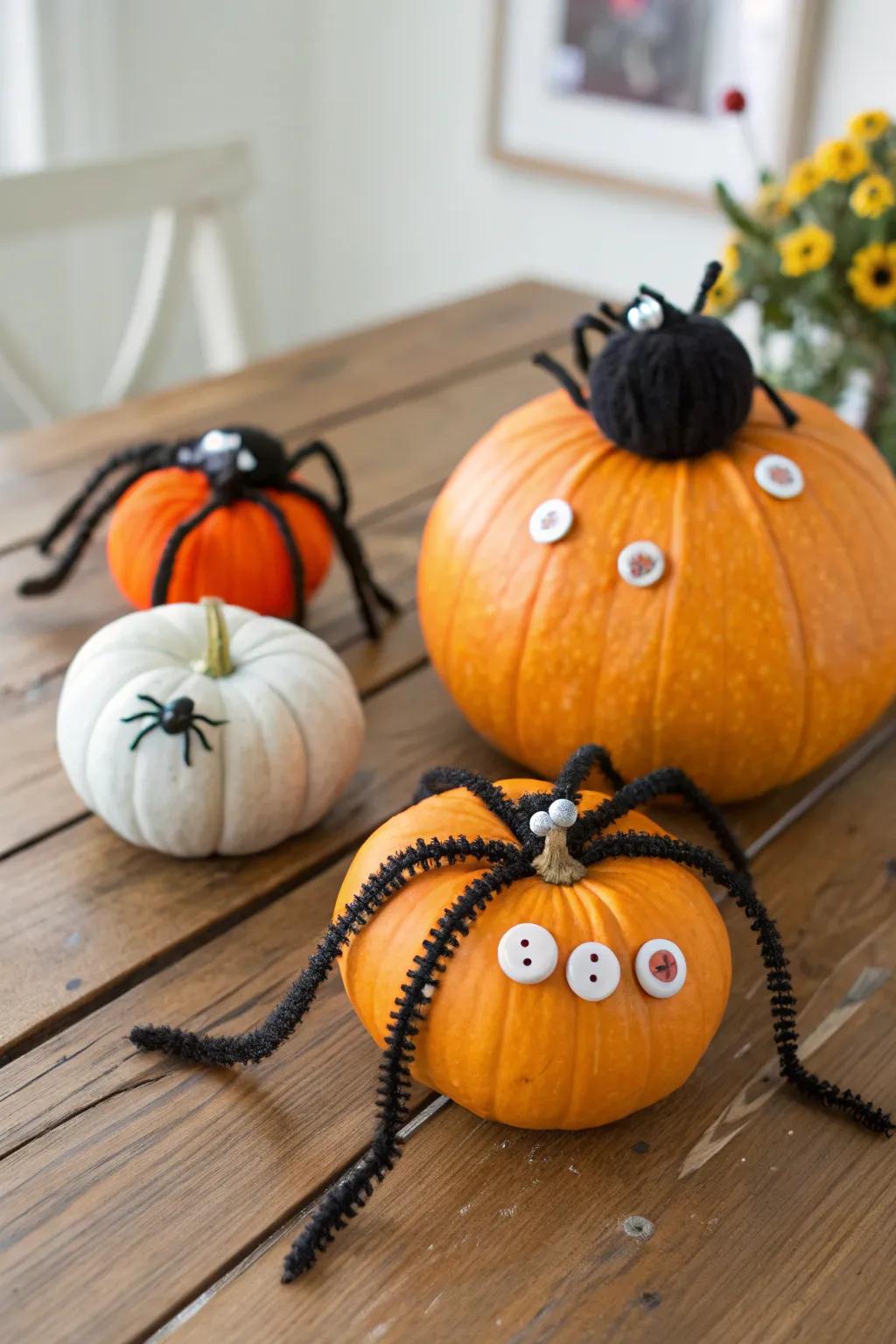 Fastener arachnid pumpkins impart a playful Halloween angle to your decor.