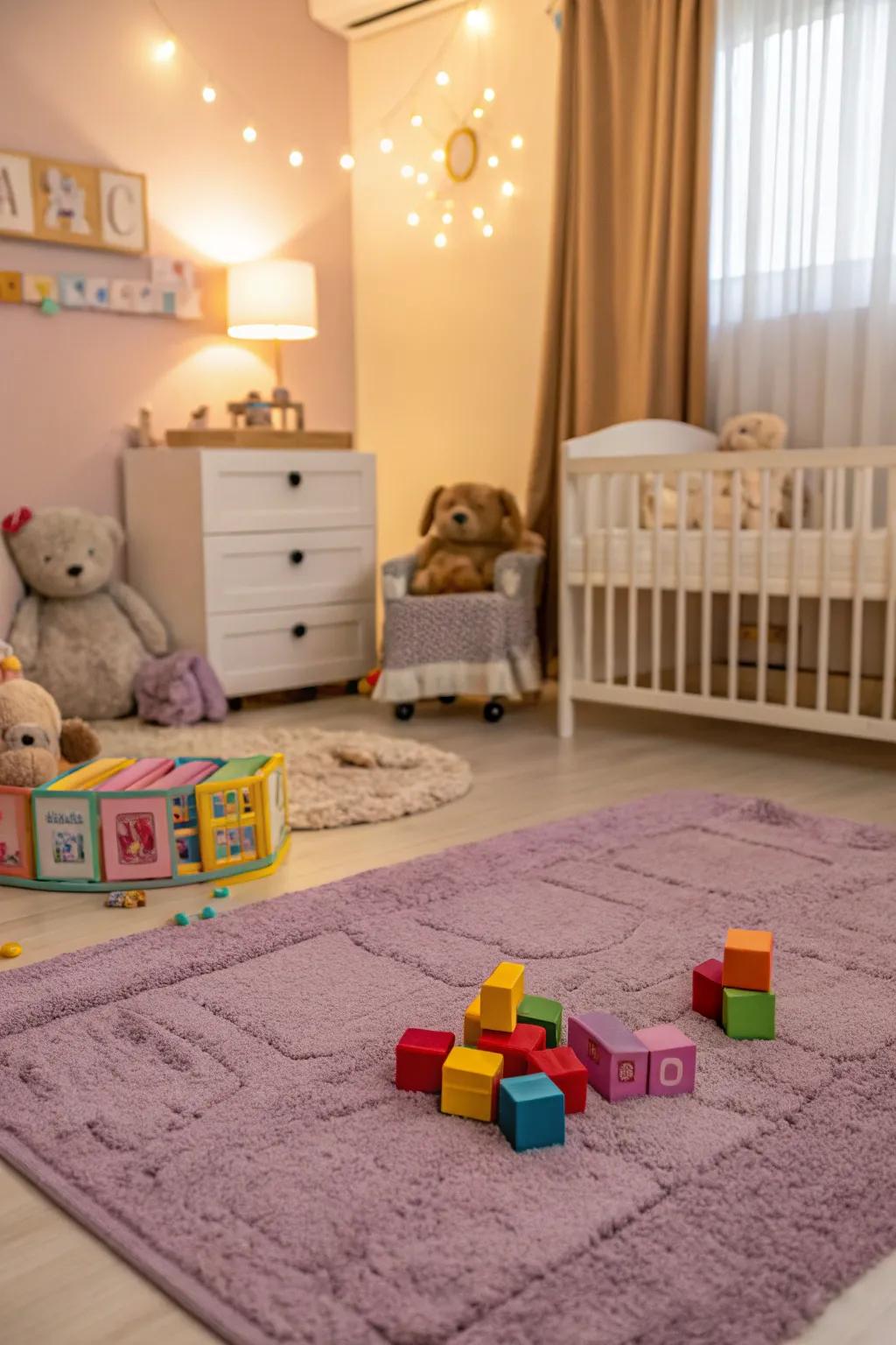 A deluxe violet rug fashions an inviting play area.