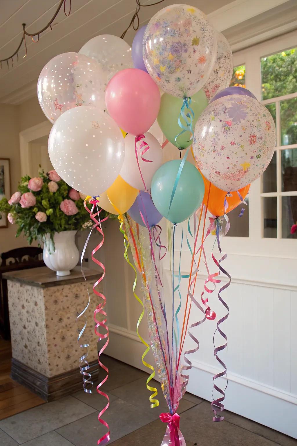 Balloon bundles featuring ribbons provide elegance to the aesthetic.