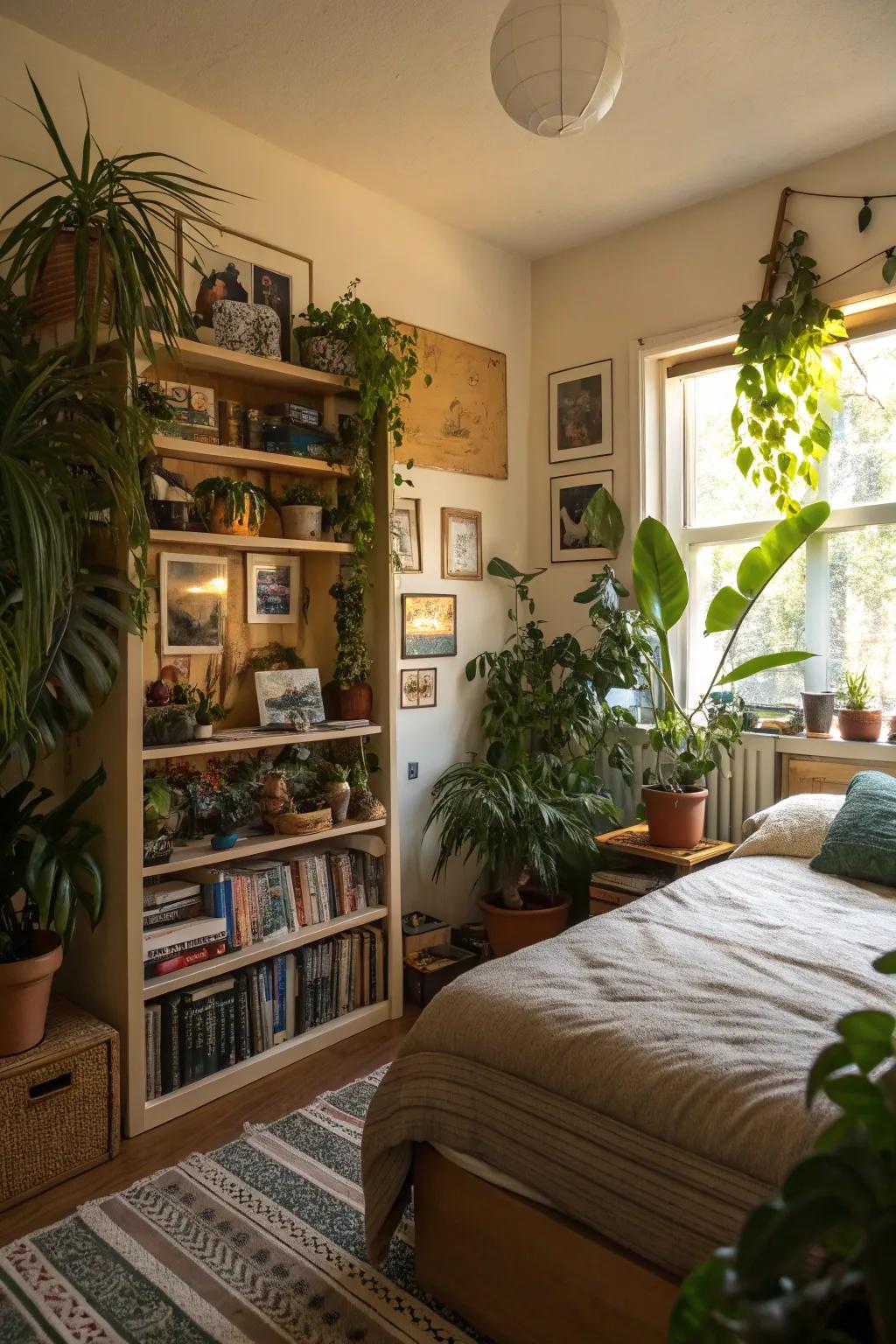 Personal touches with houseplants and collectibles enhancing the room.