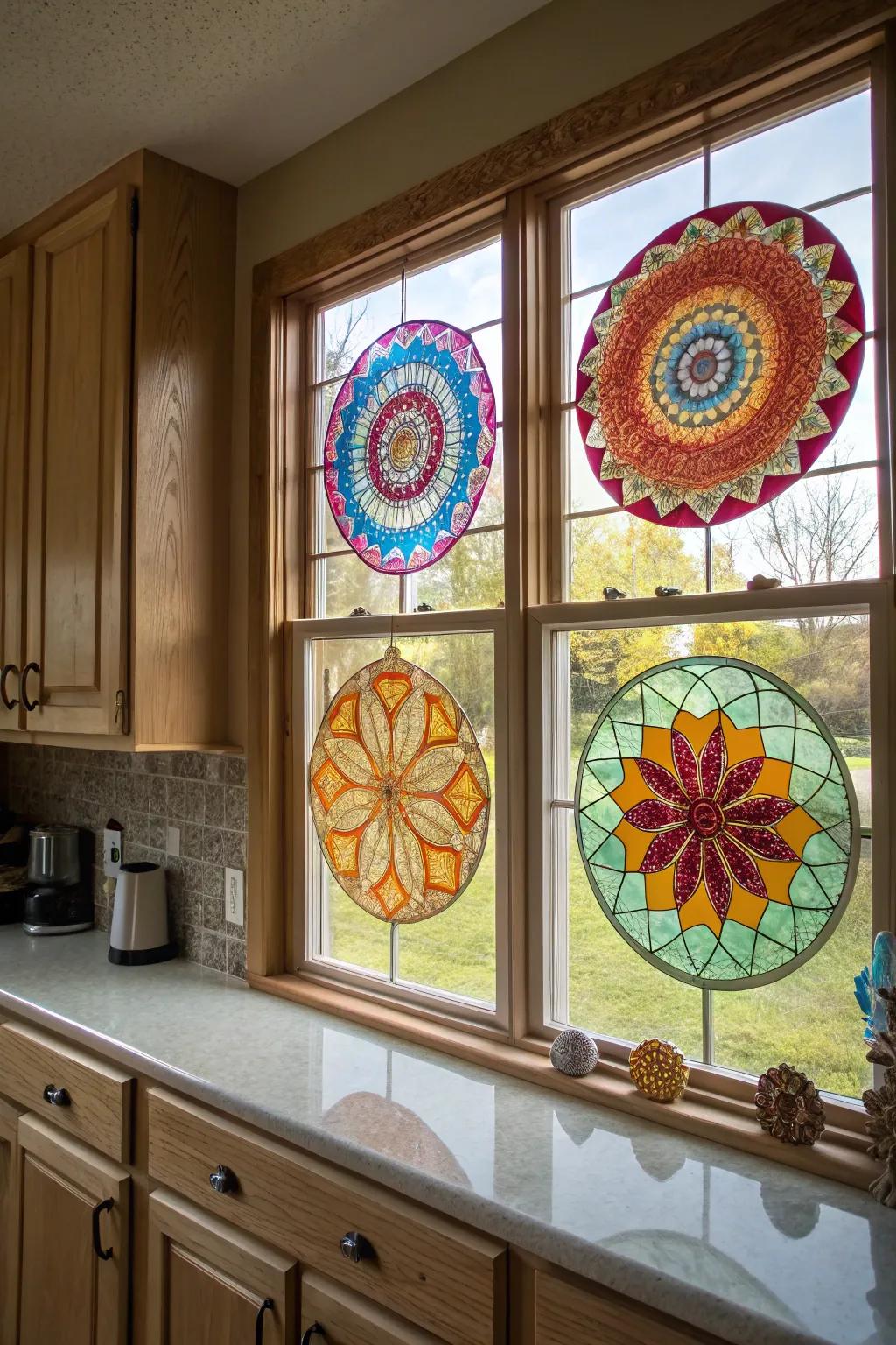 A cooking area window enriched by a vibrant radial glass art piece.