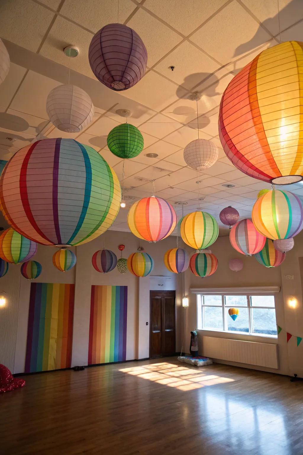 A celebratory area decorated with lively shade globes.