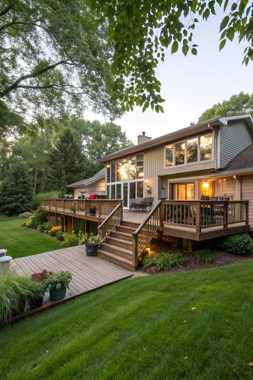 A spacious deck on a raised ranch, ideal for outdoor amusement.