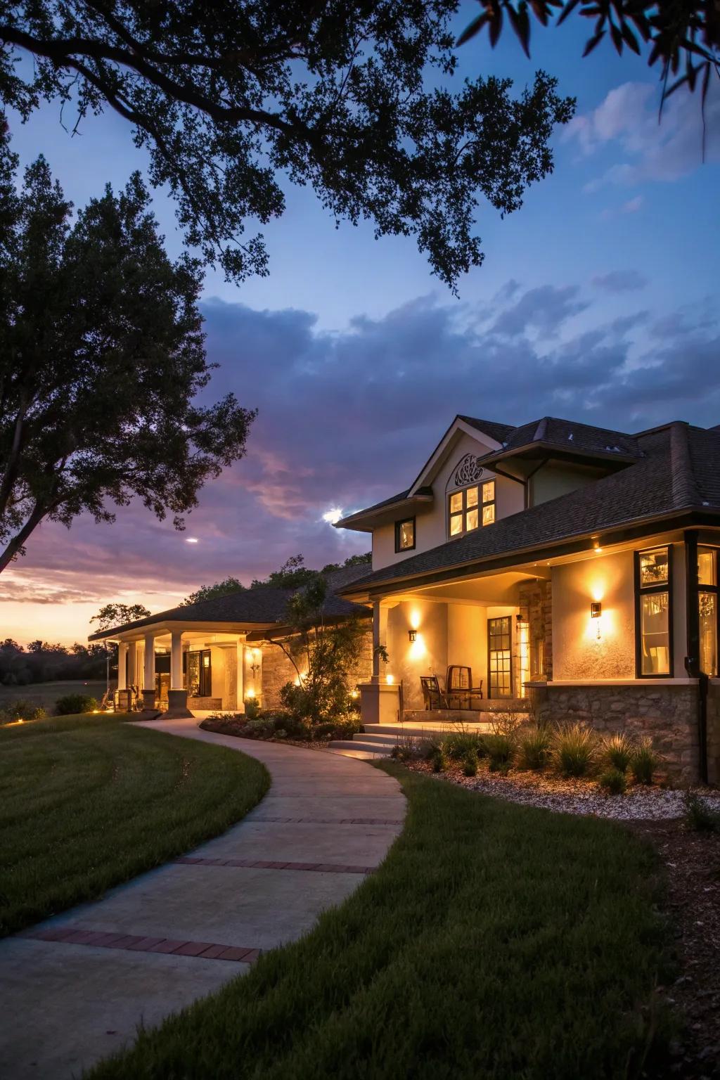Outdoor lighting enhances safety and highlights architectural beauty.
