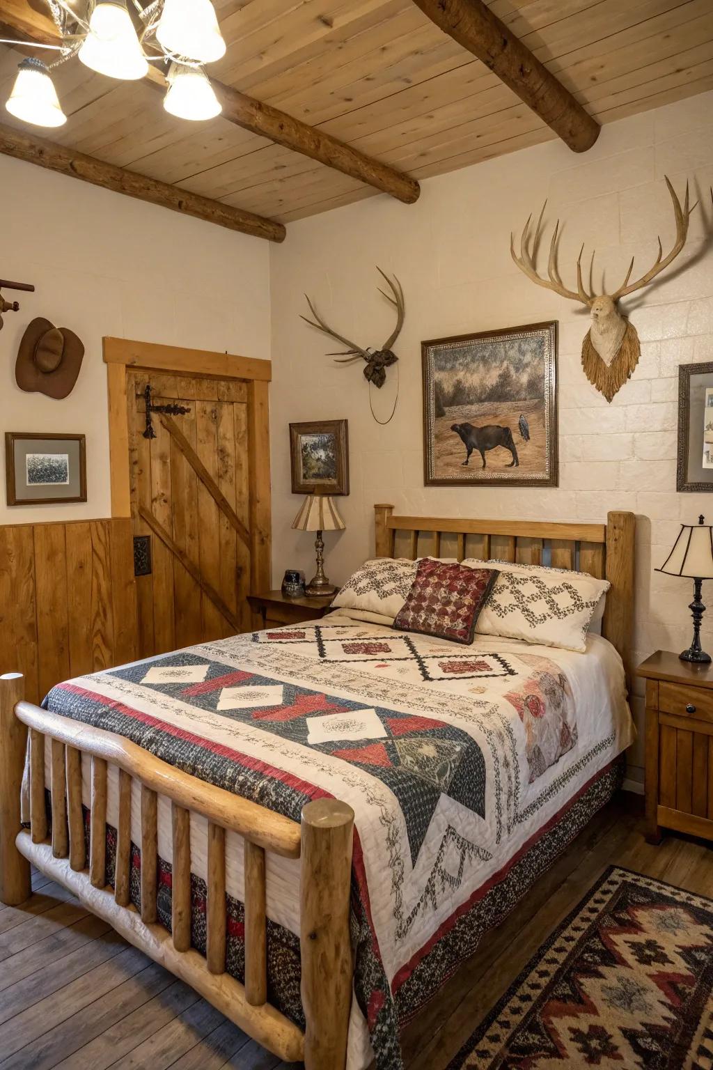 A countryside bedroom featuring antler decor and vintage artwork pieces.
